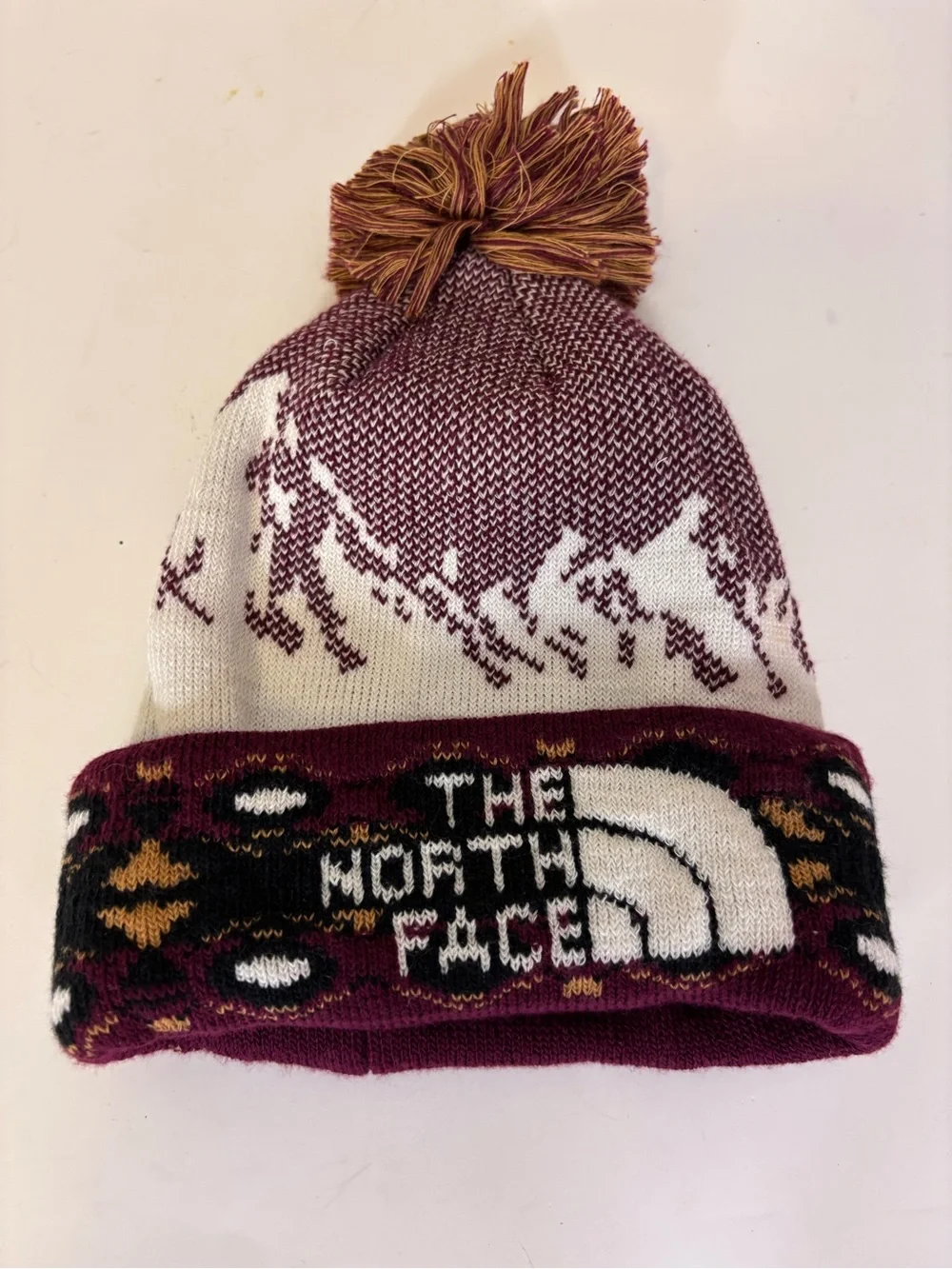 The North Face Winter Pom Beanie - Burgundy, White, Tan Unisex, One Size